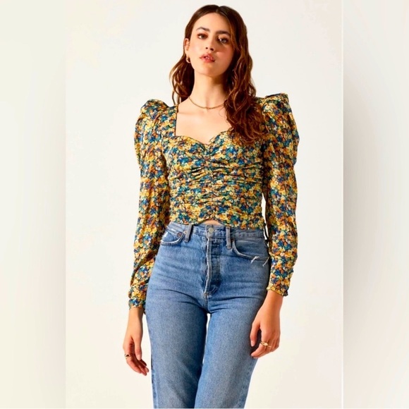 Astr Tops - Astr Yellow and Blue Ruched Floral Crop Blouse
